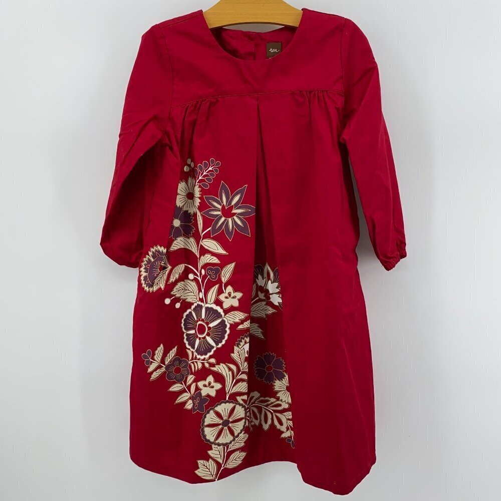 Tea Collection Girls Red Dress with Purple Gold & Ivory Flowers